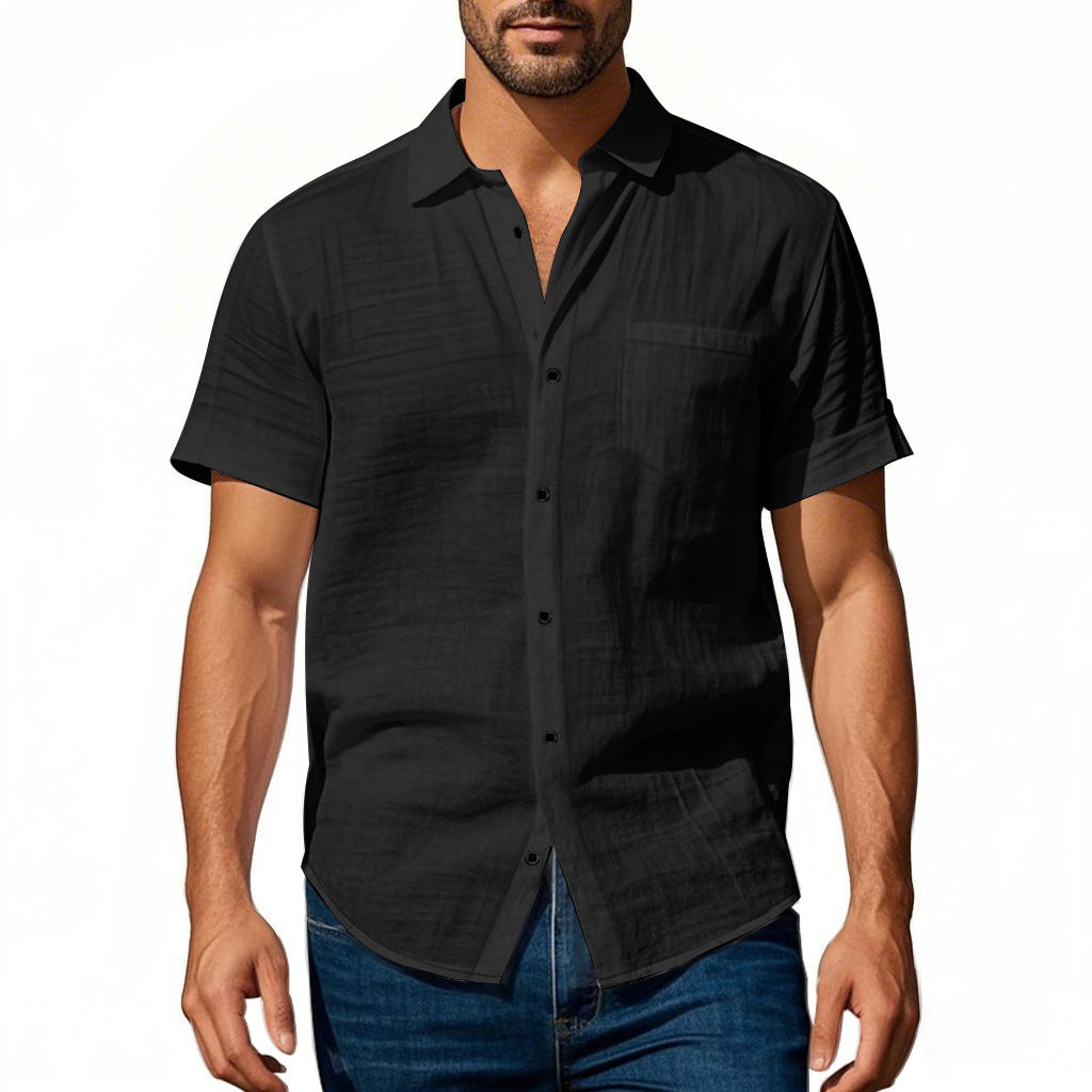 Men's short-sleeved casual shirt made of linen blend with chest pocket and rounded hem Mune Fashion