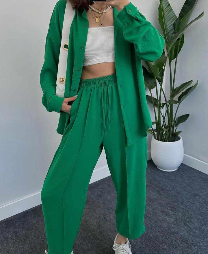 Women's Casual Two-Piece Lounge Set Made of Crêpe with Oversized Shirt and High Elastic Waistband Mune Fashion