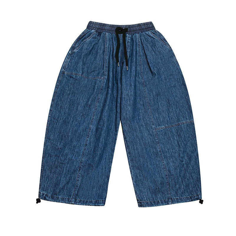 Women's Wide Cropped Jeans in Balloon Cut with Elastic Drawstring Waistband and Adjustable Hem Cords Mune Fashion