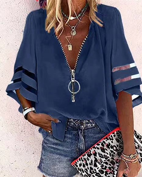 Women V-neck blouse with decorative ring zipper and cut-out sleeves Mune Fashion