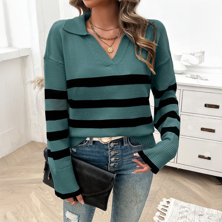 Women's casual V-neck knitted sweater with polo collar, ribbed sleeve cuffs, and bold block stripes Mune Fashion