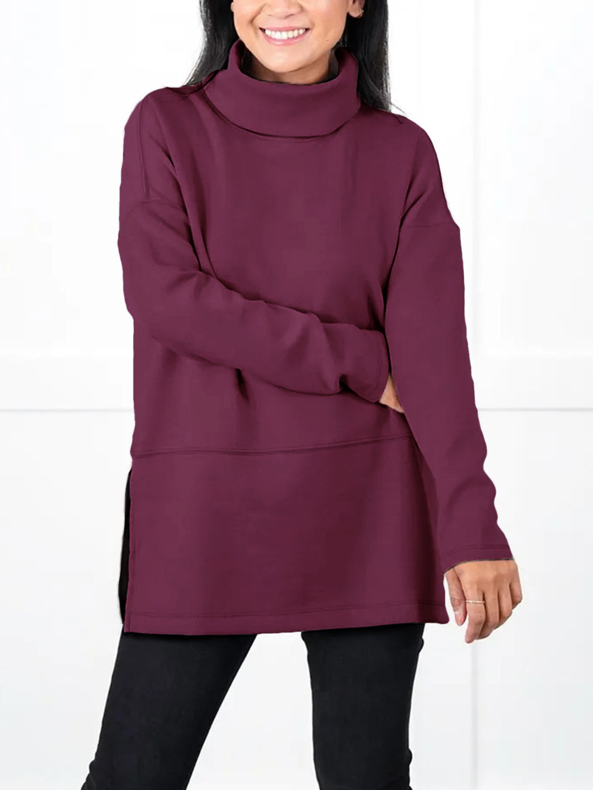 Women's Oversize Sweat Tunic with High Roll Neck, Side Slits and Extended Hem Mune Fashion