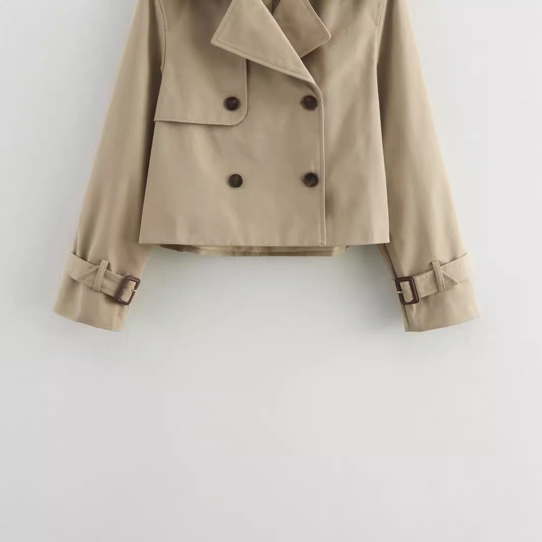 Women Cropped Trench Coat with Double Breasted and Adjustable Cuffs Mune Fashion
