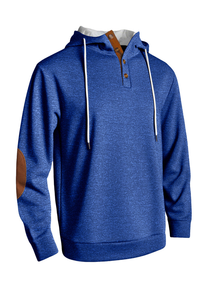 Men's hooded sweatshirt in a puristic leisure style with Henley button placket, contrasted hood interior, and elbow patches Mune Fashion