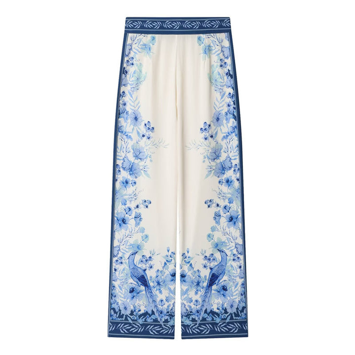 Women Wide Palazzo Pants with Elastic Waistband and Floral Trim Optics Mune Fashion