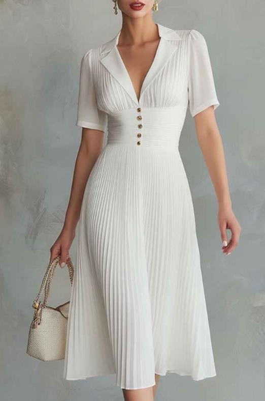 Women Pleated Midi Dress with Lapel Collar, tailored gathered waistband and decorative buttons Mune Fashion