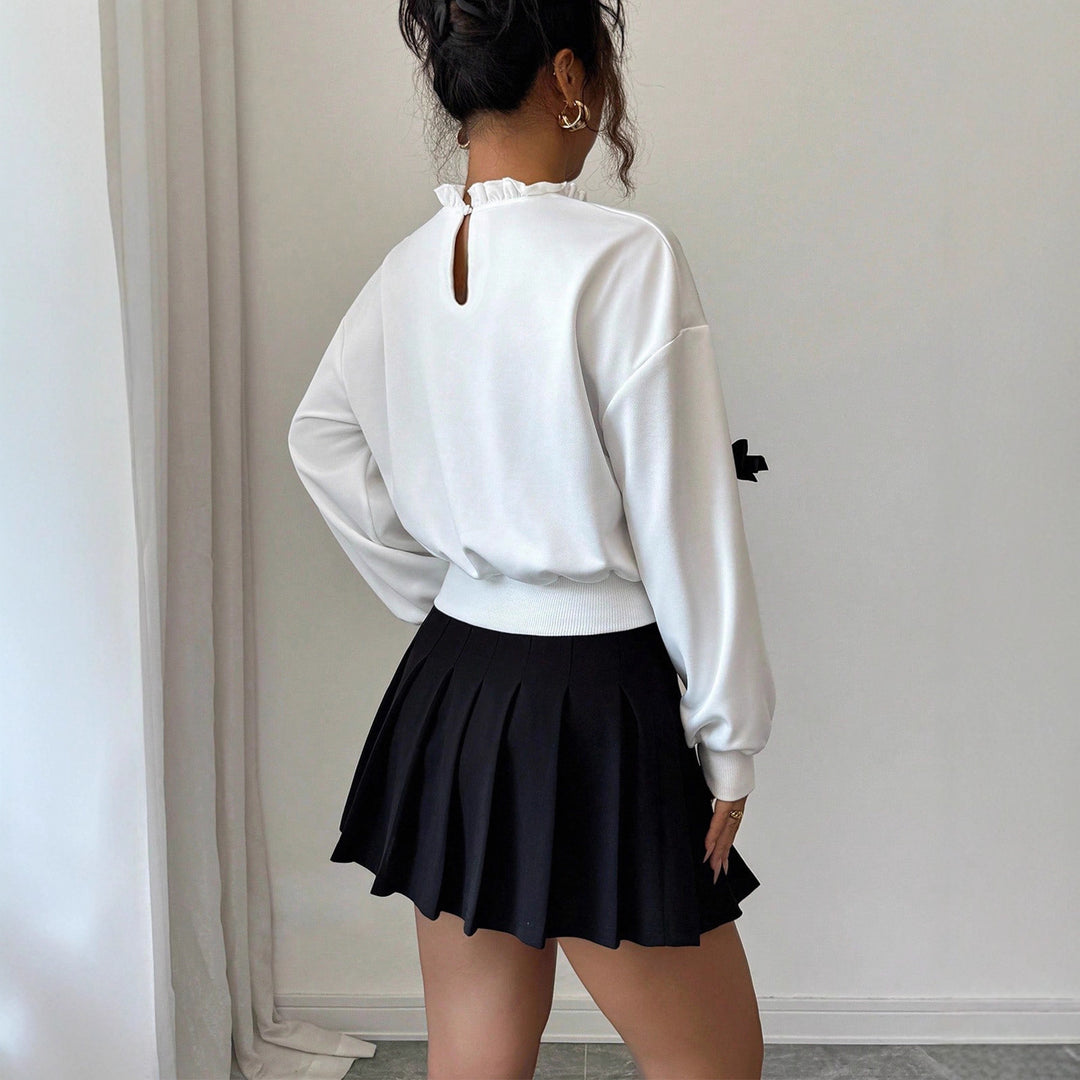 Women Cropped Sweatshirt with Ruffled Collar, Balloon Sleeves and Decorative Bow Details