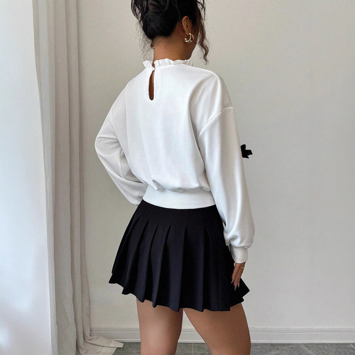 Women Cropped Sweatshirt with Ruffled Collar, Balloon Sleeves and Decorative Bow Details