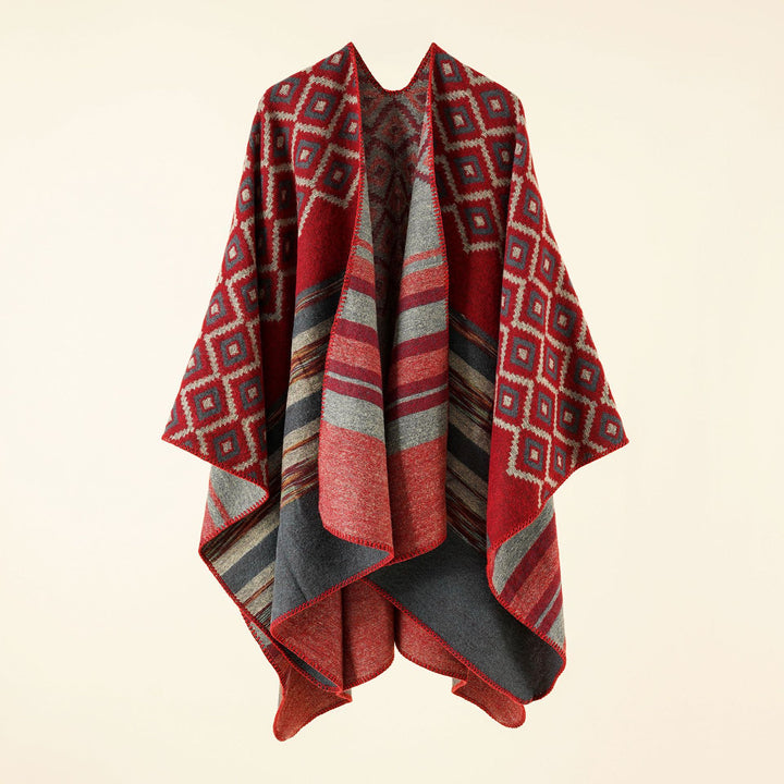 Women's Jacquard Throw with Geometric Square Pattern and Open Front Mune Fashion