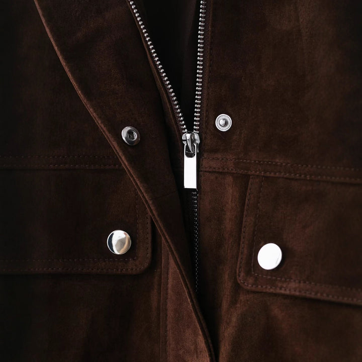Women's short-cut suede bomber jacket with stand-up collar and flap pockets Mune Fashion