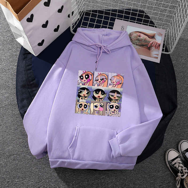 Women's casual hoodie with square cartoon collage print, soft fleece lining, and kangaroo pocket Mune Fashion