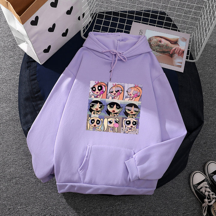 Women's casual hoodie with square cartoon collage print, soft fleece lining, and kangaroo pocket Mune Fashion