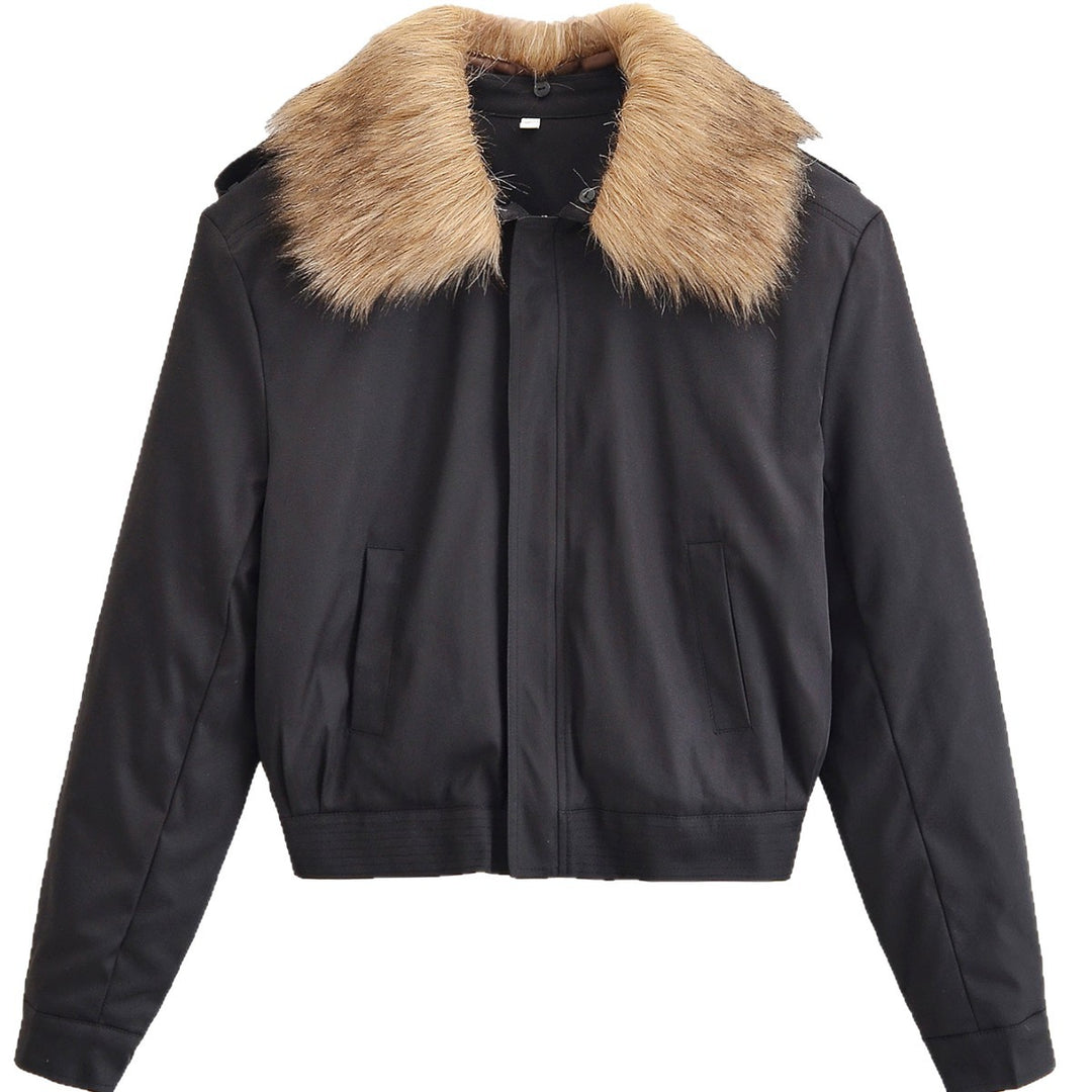 Ladies Short Bomber Jacket with Removable Faux Fur Collar Mune Fashion