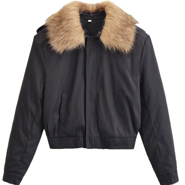 Ladies Short Bomber Jacket with Removable Faux Fur Collar Mune Fashion
