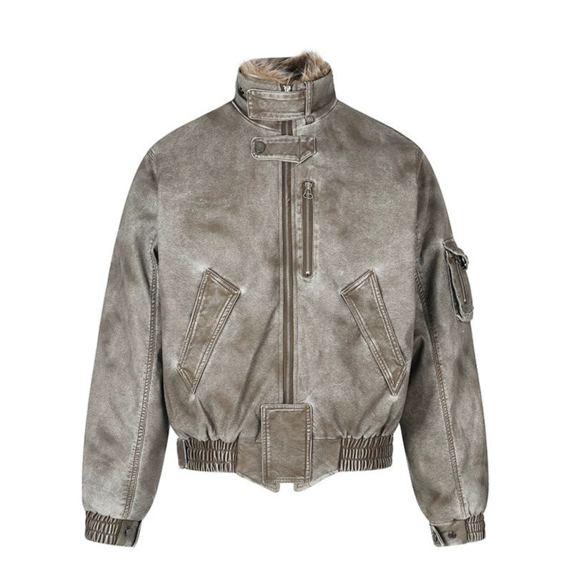 Men's padded pilot jacket in bomber style with high collar, faux fur trim, and waist belt Mune Fashion