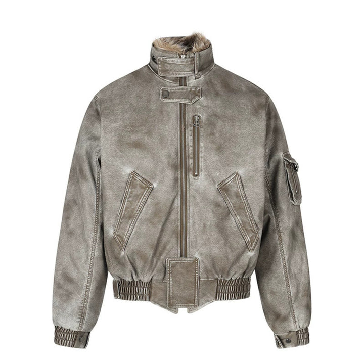 Men's padded pilot jacket in bomber style with high collar, faux fur trim, and waist belt Mune Fashion
