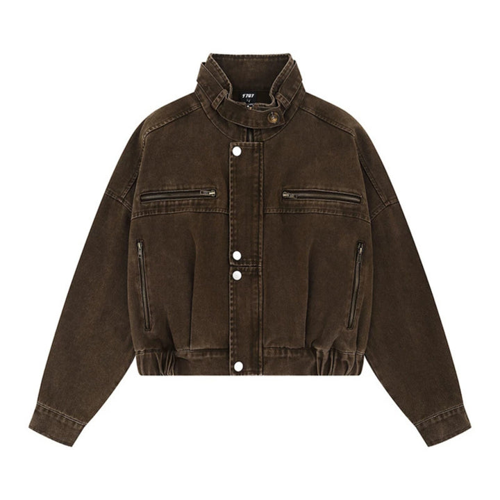 Women's Cropped Utility Bomber Jacket with Stand-Up Collar, Zipper Pockets and Elastic Cuffs Mune Fashion
