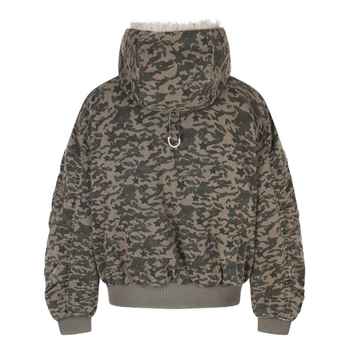 Women's quilted bomber jacket with faux fur hood, drawstring, and utility pockets Mune Fashion