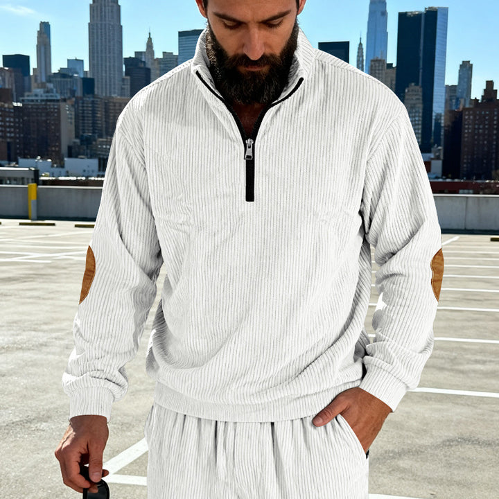 Men's cord structure half-zip pullover in relaxed fit with stand-up collar and elbow patch Mune Fashion