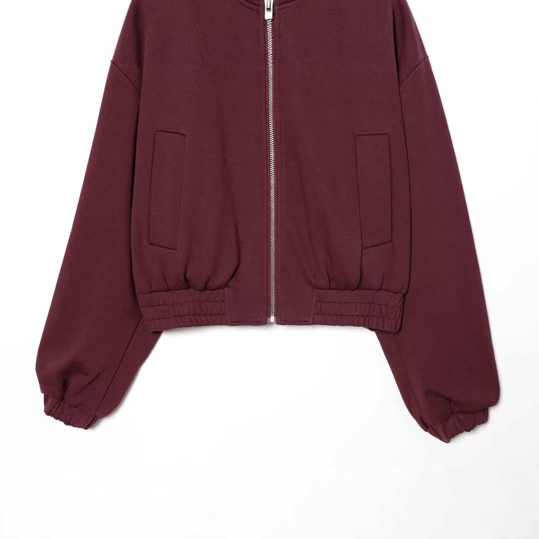Women Cropped Sweat Bomber Jacket with High Stand-up Collar and Elastic Waistband Mune Fashion