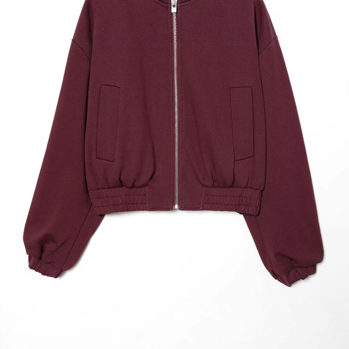 Women Cropped Sweat Bomber Jacket with High Stand-up Collar and Elastic Waistband Mune Fashion