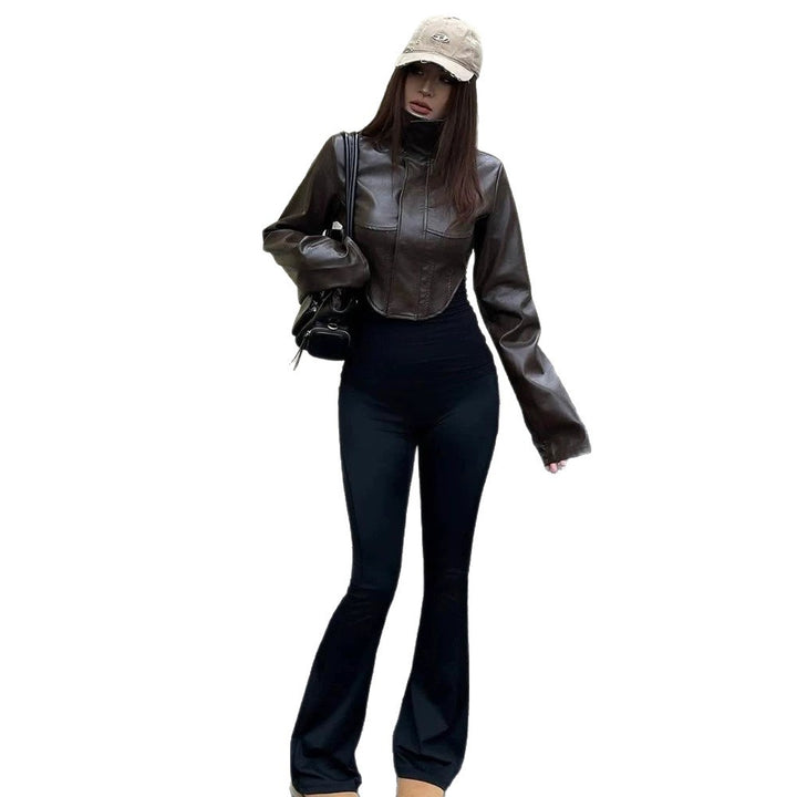 Women Cropped Faux Leather Corset Jacket with High Standing Collar and Extended Sleeves Mune Fashion