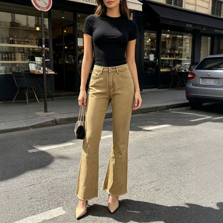 Women's high-waisted flared jeans with a flattering waistband, light stretch, and raw hem Mune Fashion
