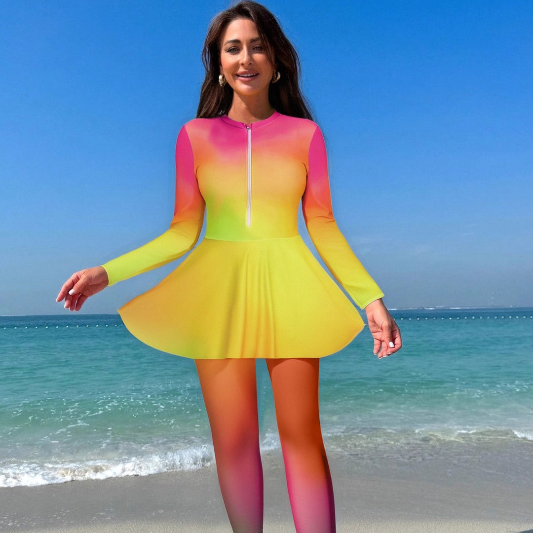 Ladies Sporty Long Sleeve Swimsuit with Flared Skirt Mune Fashion