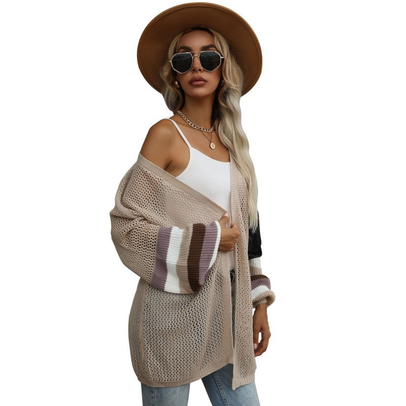 Women's Longline Net Knit Cardigan with Balloon Sleeves and Block Stripes Mune Fashion