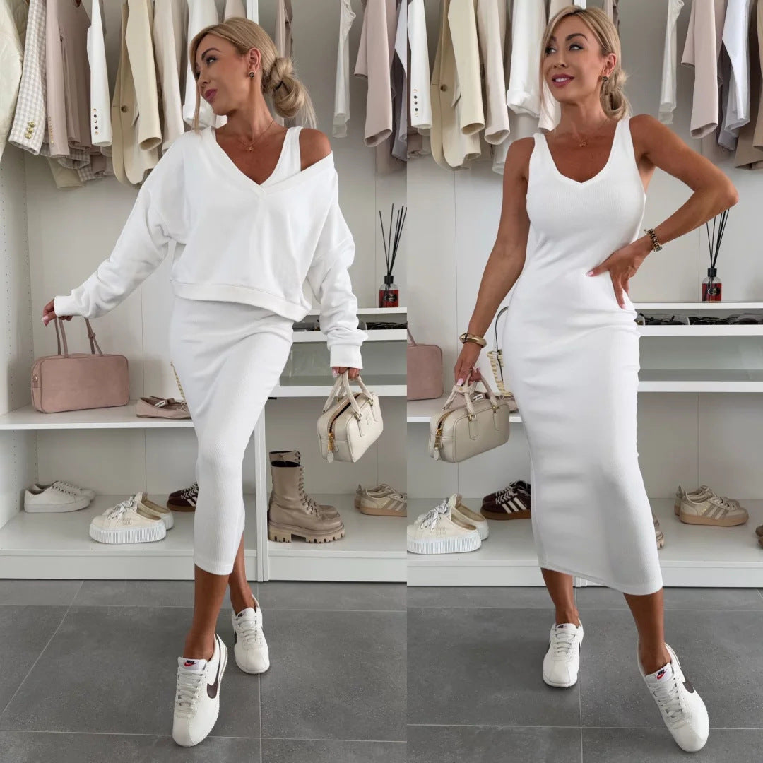 Ladies two-piece midi skirt set with off-shoulder oversized sweatshirt and figure-hugging pencil skirt Mune Fashion