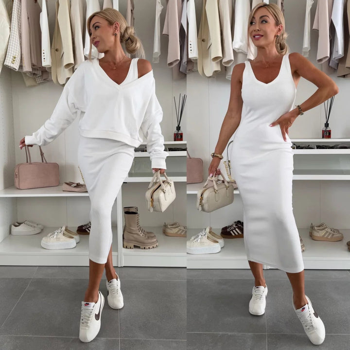 Ladies two-piece midi skirt set with off-shoulder oversized sweatshirt and figure-hugging pencil skirt Mune Fashion