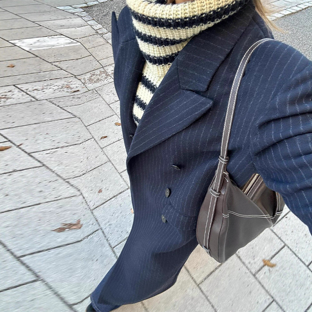 Women Long Cut Double Breasted Pinstripe Coat with Notch Collar Mune Fashion