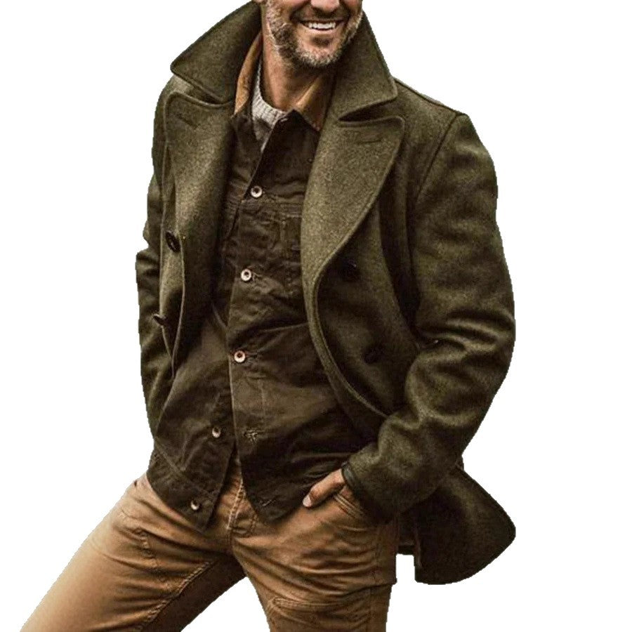 Men's Double-breasted Wool Coat in Peacoat Style with Wide Lapels Mune Fashion