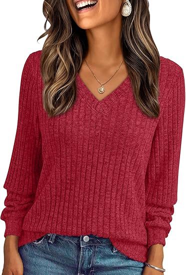 Ladies Soft Ribbed Knit Sweater with V-Neck Mune Fashion