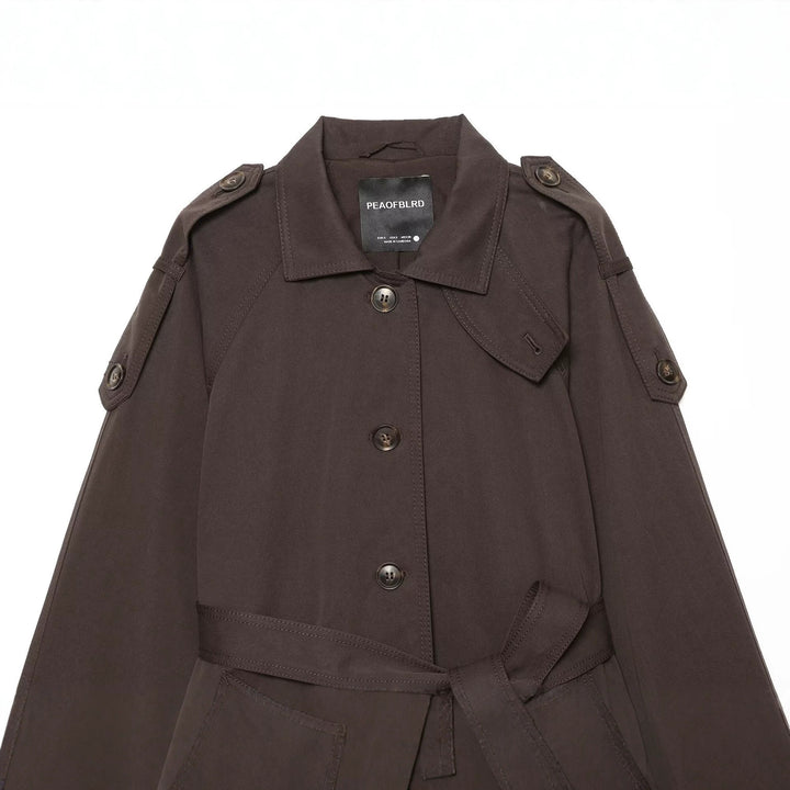 Women Short Cape Trench with Fitted Tie Belt and Shoulder Pads Drune