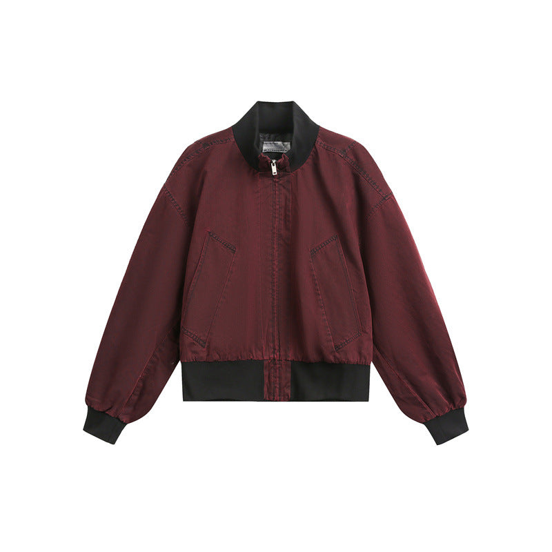 Unisex Short Cut Satin Bomber in Boxy Cut with Contrasting Ribbed Collar and Balloon Sleeves Mune Fashion