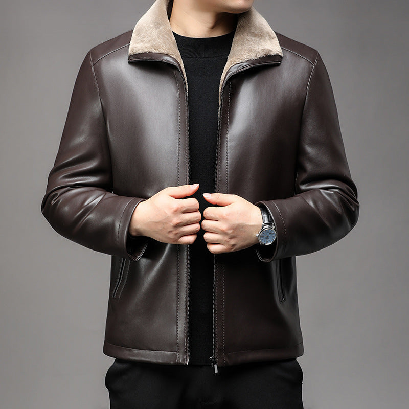 Men's leather jacket with warm lambskin lining and stand collar Mune Fashion