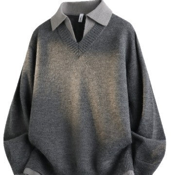 Unisex Casual Structured Knit Sweater with Open Polo Collar and Deep V-Neck Mune Fashion
