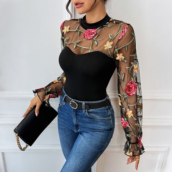 Women Transparent Mesh Bodysuit with Floral Embroidery, Heart Bustier Insert and Stand-Up Collar Mune Fashion