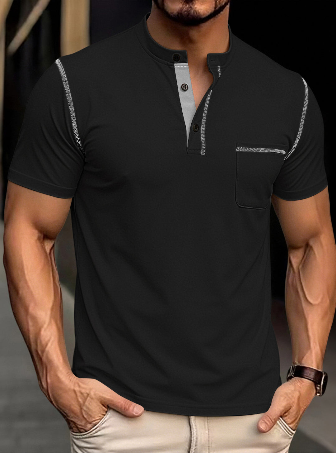 Men's modern short-sleeve Henley with stand collar, contrast stitching, and patch chest pocket Mune Fashion