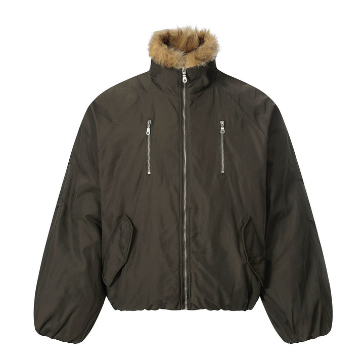 Men's short-cut boxy puffer jacket with faux fur hood and vertical zip pockets Mune Fashion