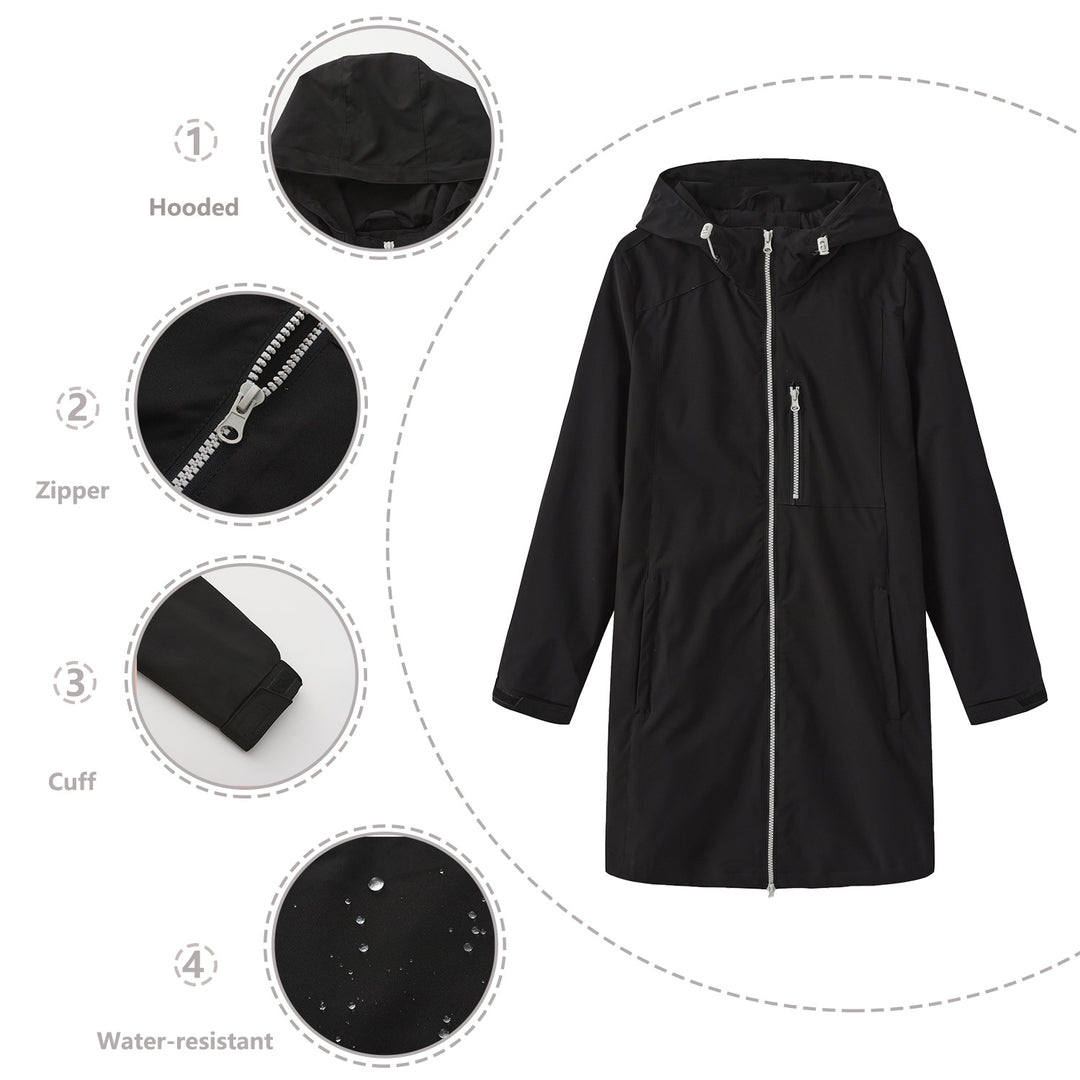 Women's long slim functional rain jacket with full-length zipper, chest zip pocket, and velcro cuffs Mune Fashion
