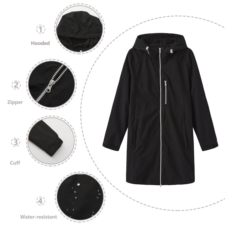 Women's long slim functional rain jacket with full-length zipper, chest zip pocket, and velcro cuffs Mune Fashion