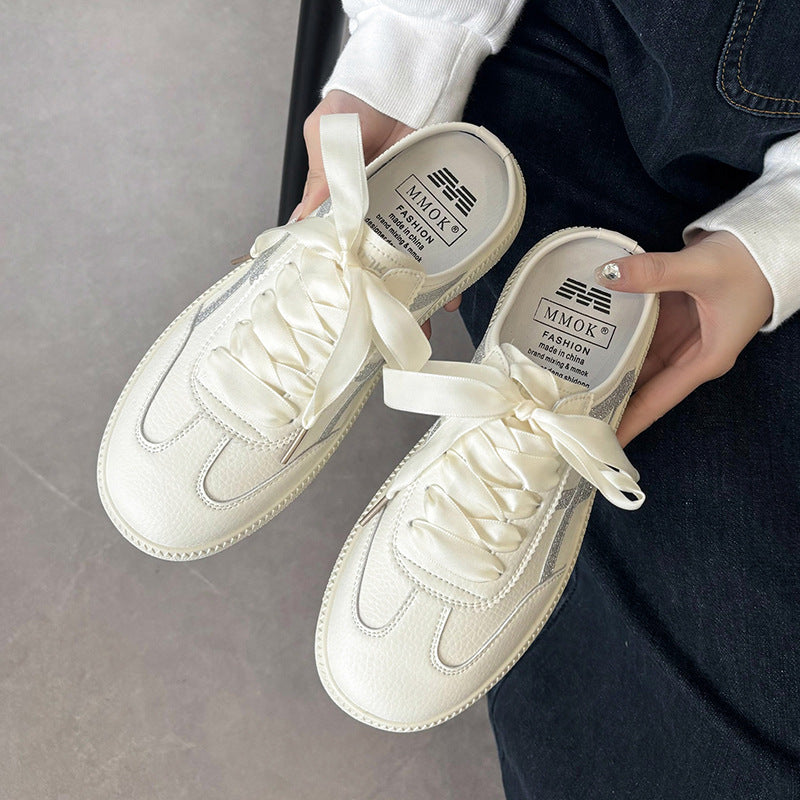 Women's Satin Lace-Up Mule Sneakers with Open Heel and Metallic Look Mune Fashion