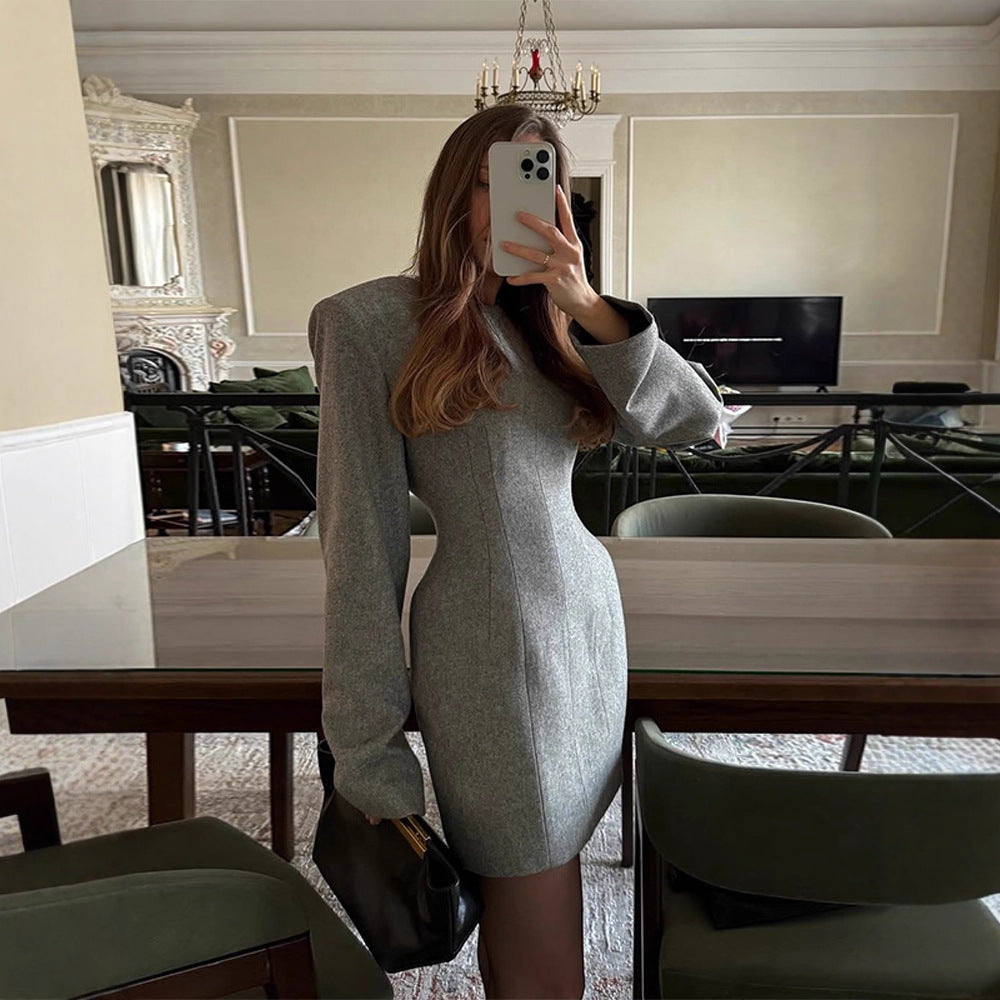 Women's Tailored Wool Blend Mini Dress with Emphasized Waist and Long Sleeves Mune Fashion