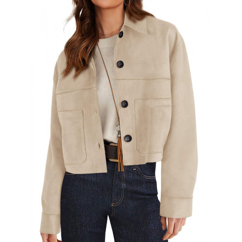 Women's short suede-look jacket with patch pockets and shirt collar Mune Fashion