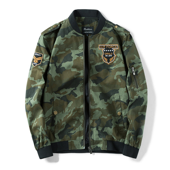 Men's Camouflage Bomber Jacket in Military Style with Patch Applications, Arm Pocket and Ribbed Cuffs Mune Fashion