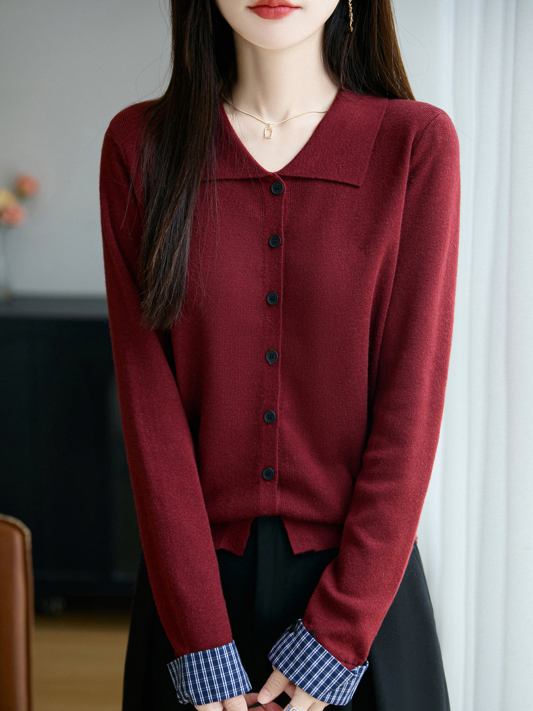 Women's Lightweight Fine Knit Cardigan with Wide Shirt Collar and Front Button Placket Mune Fashion