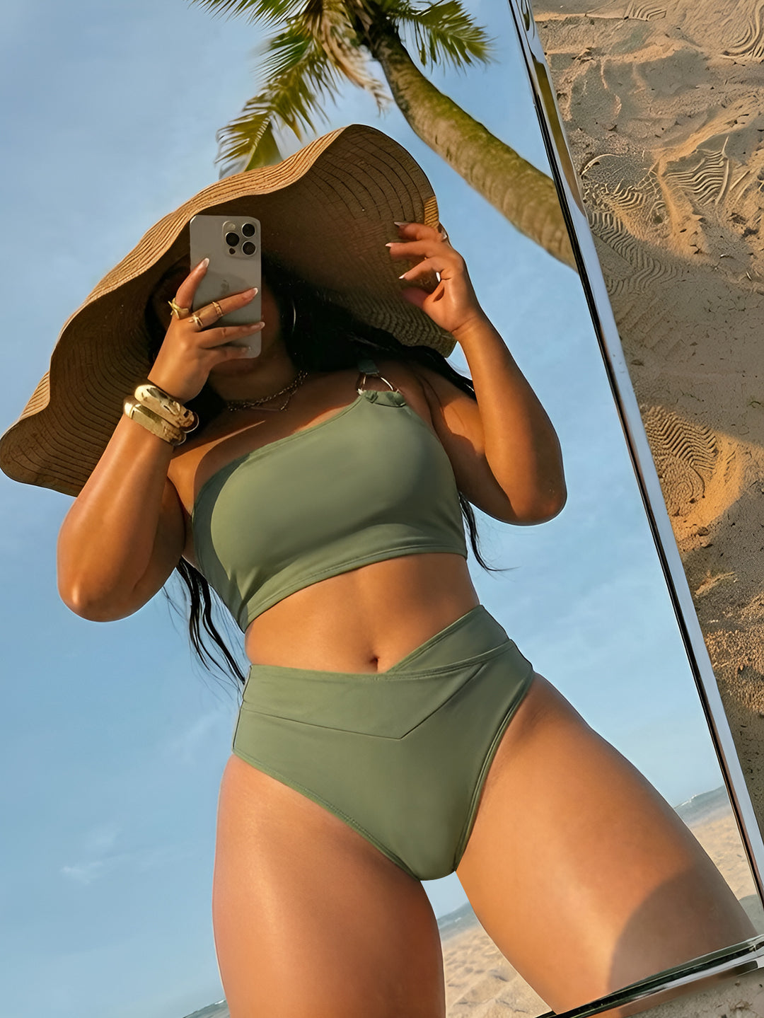 Ladies High-Waisted Bikini Set with Asymmetrical Top Mune Fashion