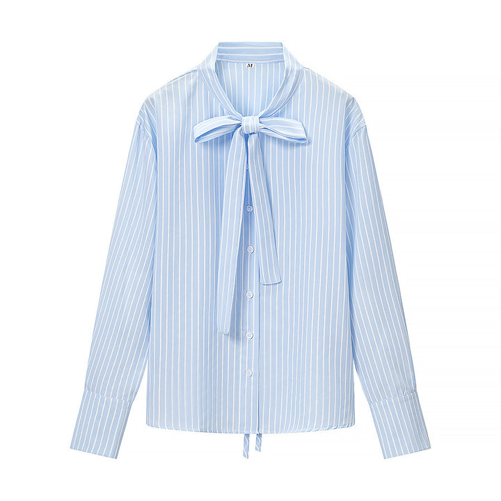 Women Striped Blouse with Bow Collar and Full Button Placket Mune Fashion